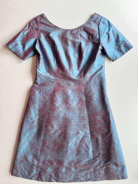 Vintage 60's Unbranded Iridescent Blue Dupioni Silk A-Line Dress, Size S - Picture 5 of 11
